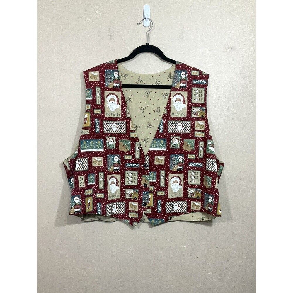 VTG Womens Handmade Reversible Christmas Vest L Red Beige Ugly Sweater Santa